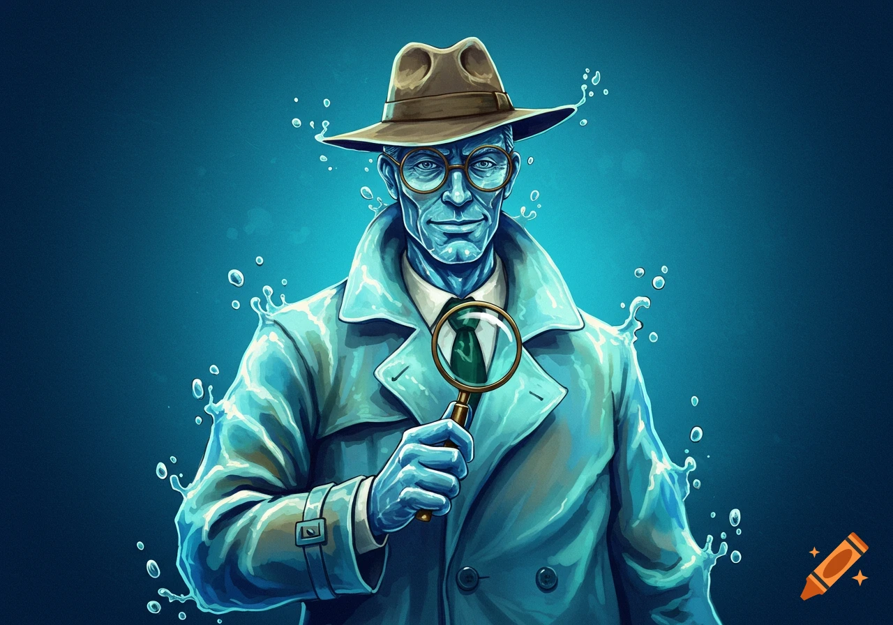 A smiling man made of water wearing a brown fedora and a light blue trench coat, holding a magnifying glass.