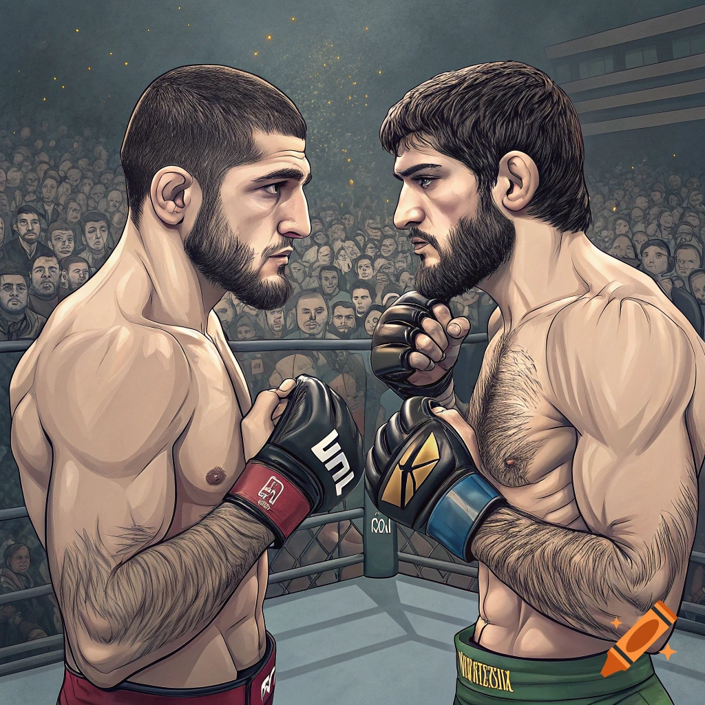 Two muscular male MMA fighters with beards face each other in an octagon ring, with a crowd of spectators in the background, in a stylized illustration.
