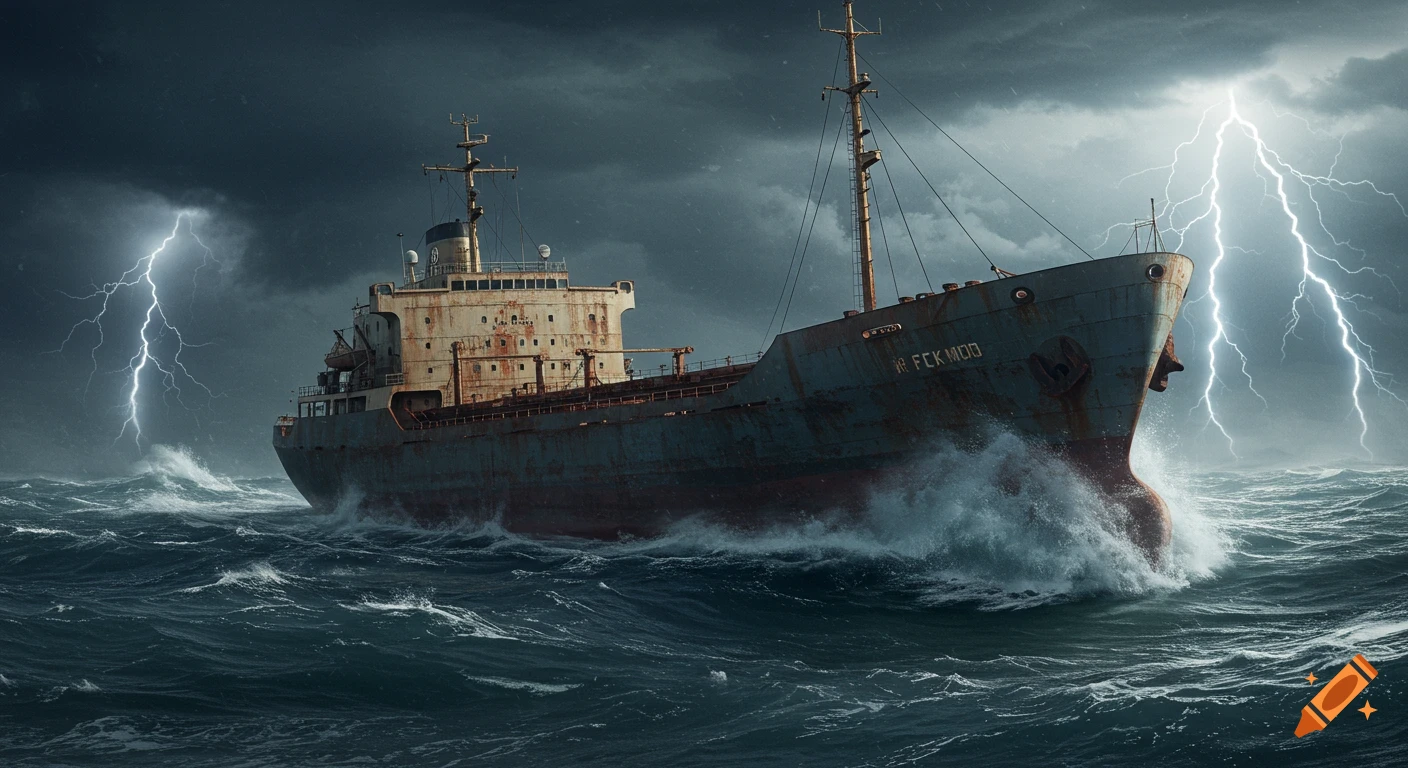 A cargo ship battles a stormy sea with large waves and bolts of lightning in a dramatic, photorealistic style.