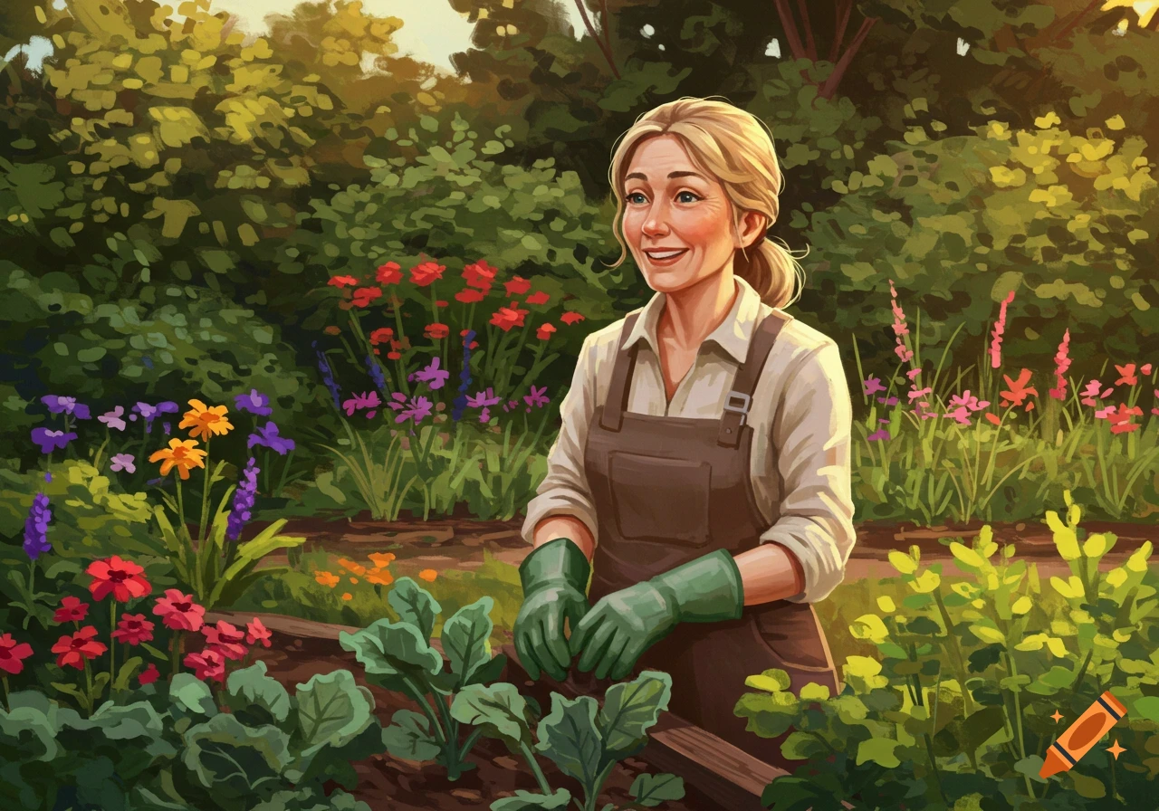 A smiling woman in overalls and green gloves tends to vibrant plants and flowers in a sunny garden.