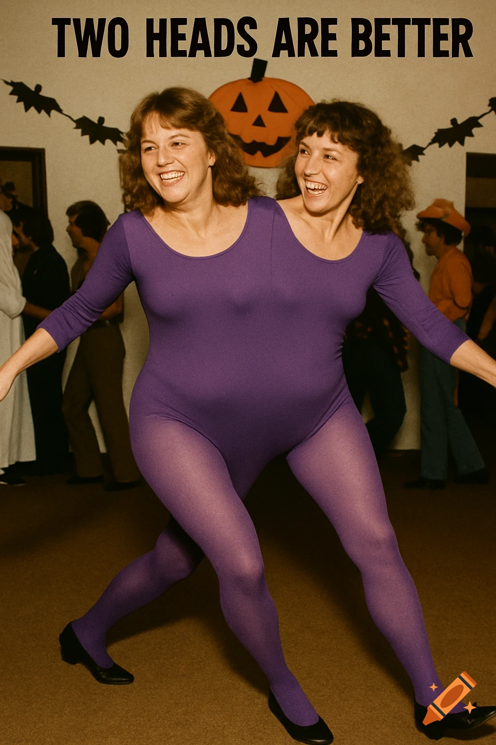 Two smiling women in a purple two-headed Halloween costume at a party with a pumpkin decoration and bat garland. Text reads TWO HEADS ARE BETTER.