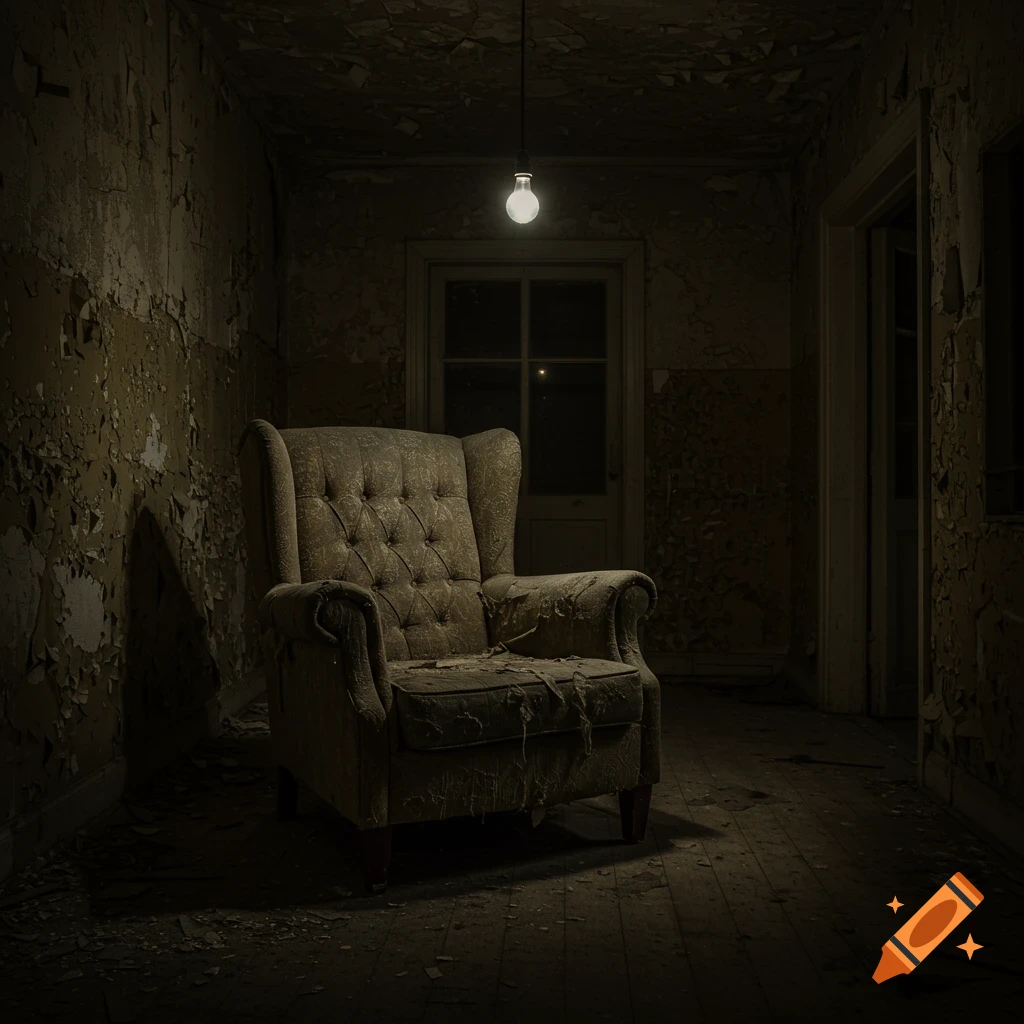 An old, tattered armchair sits in a dark, decaying room with peeling walls, lit by a single bare lightbulb.