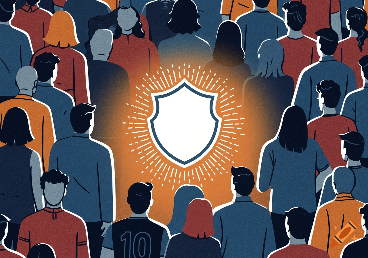An editorial illustration of a crowd of faceless people in blue, orange, and grey, facing away from a central glowing white shield emblem.