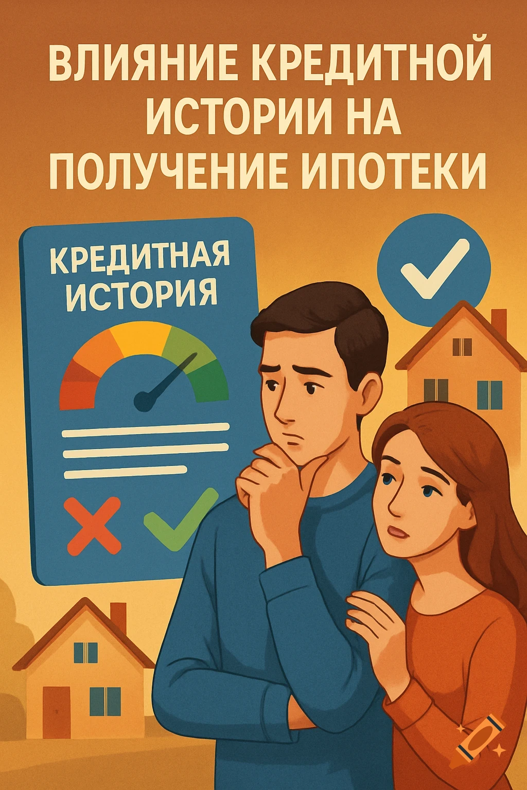 Illustration of a thoughtful couple looking at a credit score meter and houses, representing mortgage application.