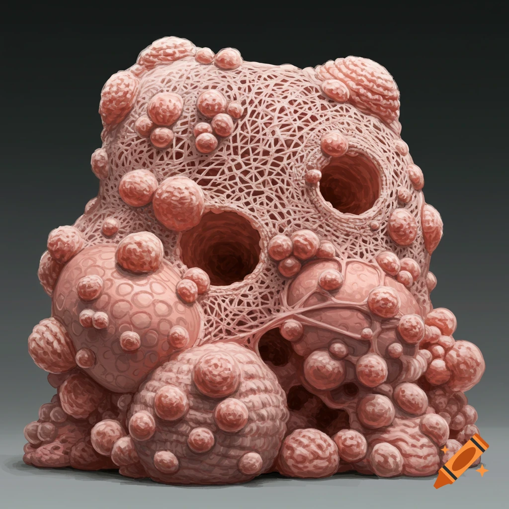 An abstract, organic sculpture with pinkish, fibrous, porous textures and various sized spherical growths.