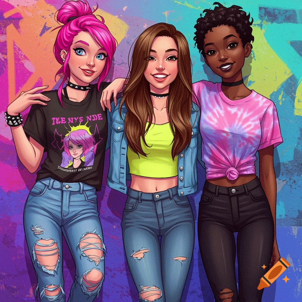 Three smiling teenage girls with diverse hairstyles and casual clothes stand against a colorful graffiti wall in an anime style.