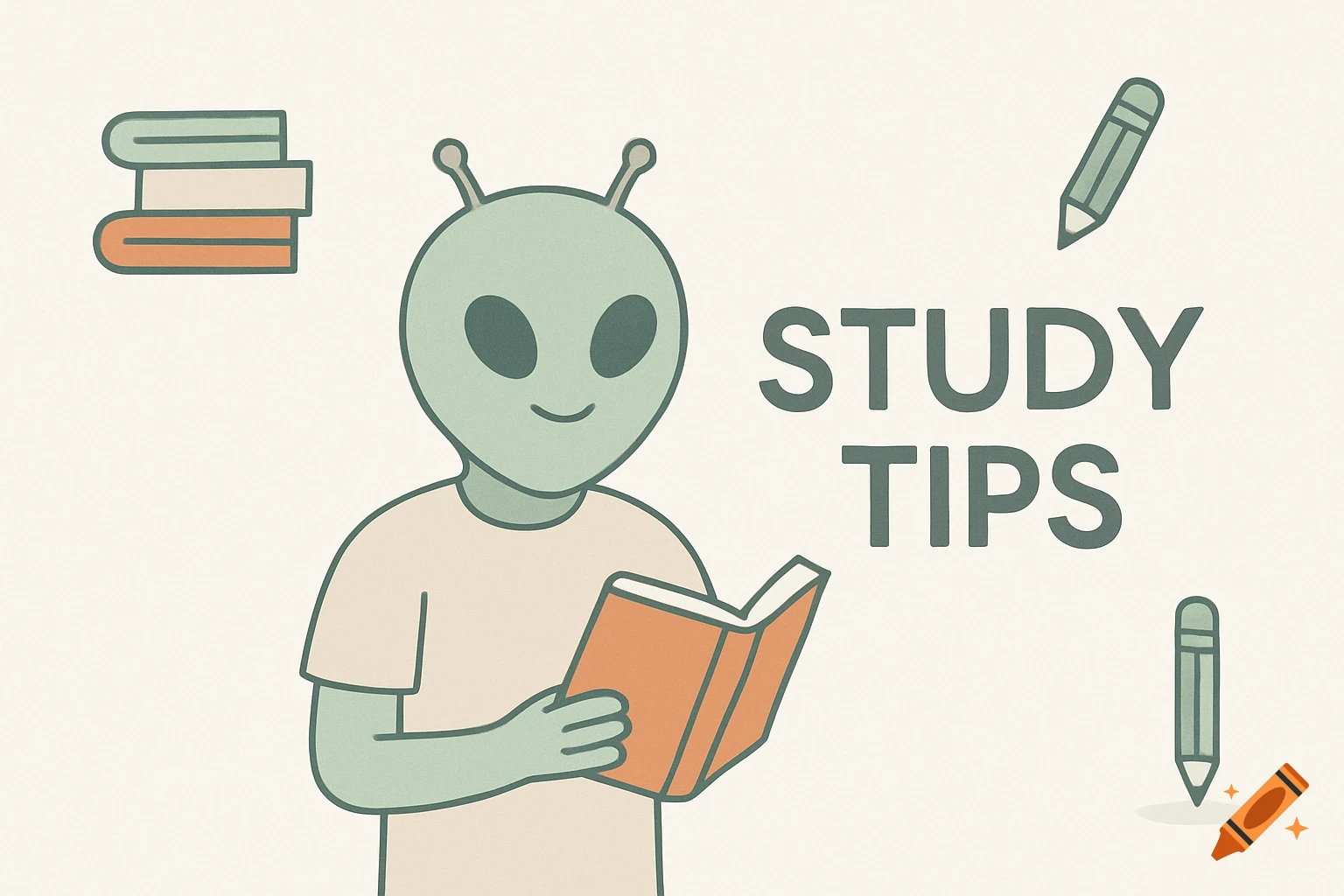 Minimalist flat illustration of a friendly green alien reading a book, with 'STUDY TIPS' text and floating pencils and books.