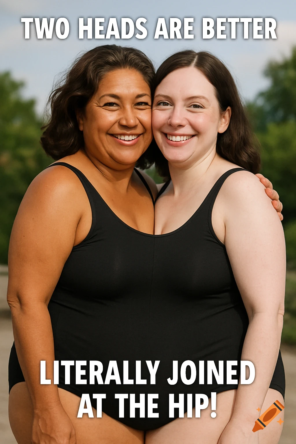 Two smiling women in black swimsuits appear joined at the hip, with text 'Two heads are better' and 'Literally joined at the hip!'