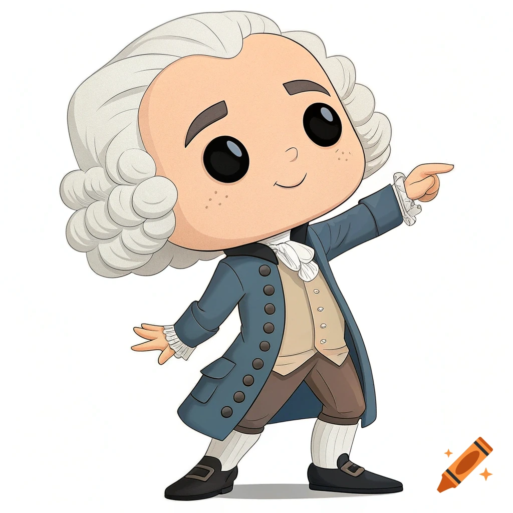 Cartoon figure resembling John Adams in a blue coat and wig pointing.