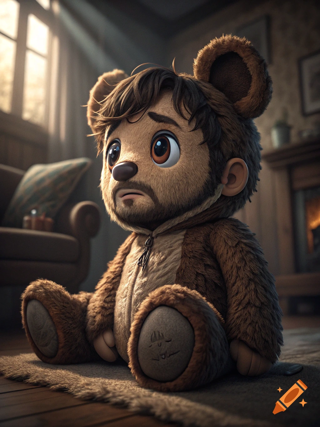 A sad, hyperrealistic teddy bear-like character with brown fur and human-like hair and beard, sits on a rug in a sunlit room.