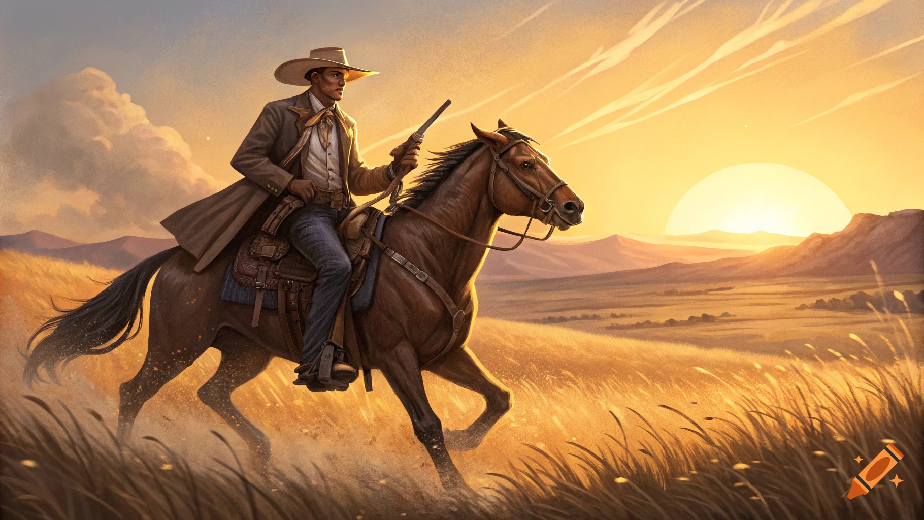 A cowboy on a horse rides through a golden field at sunset.