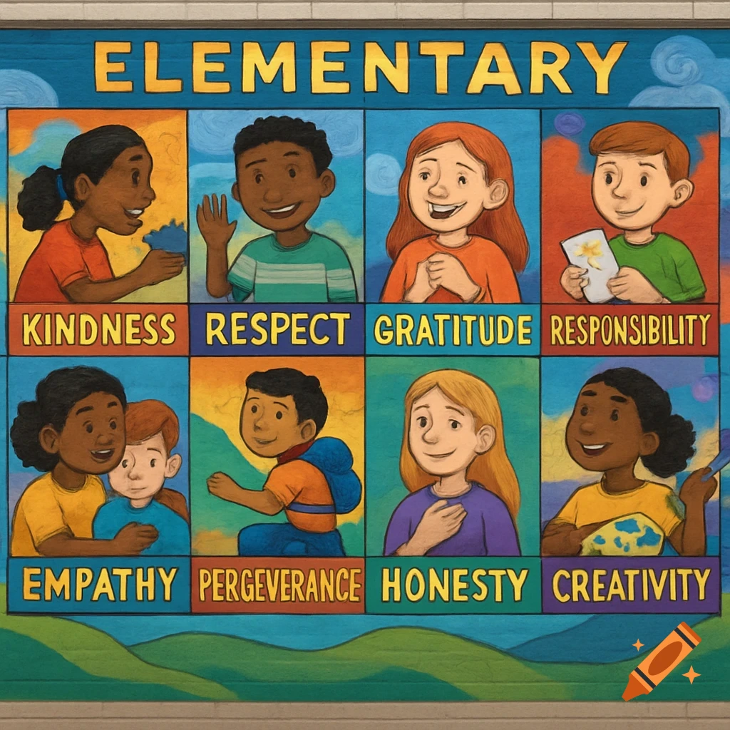 A colorful elementary school mural depicting diverse children illustrating character traits like kindness and respect.