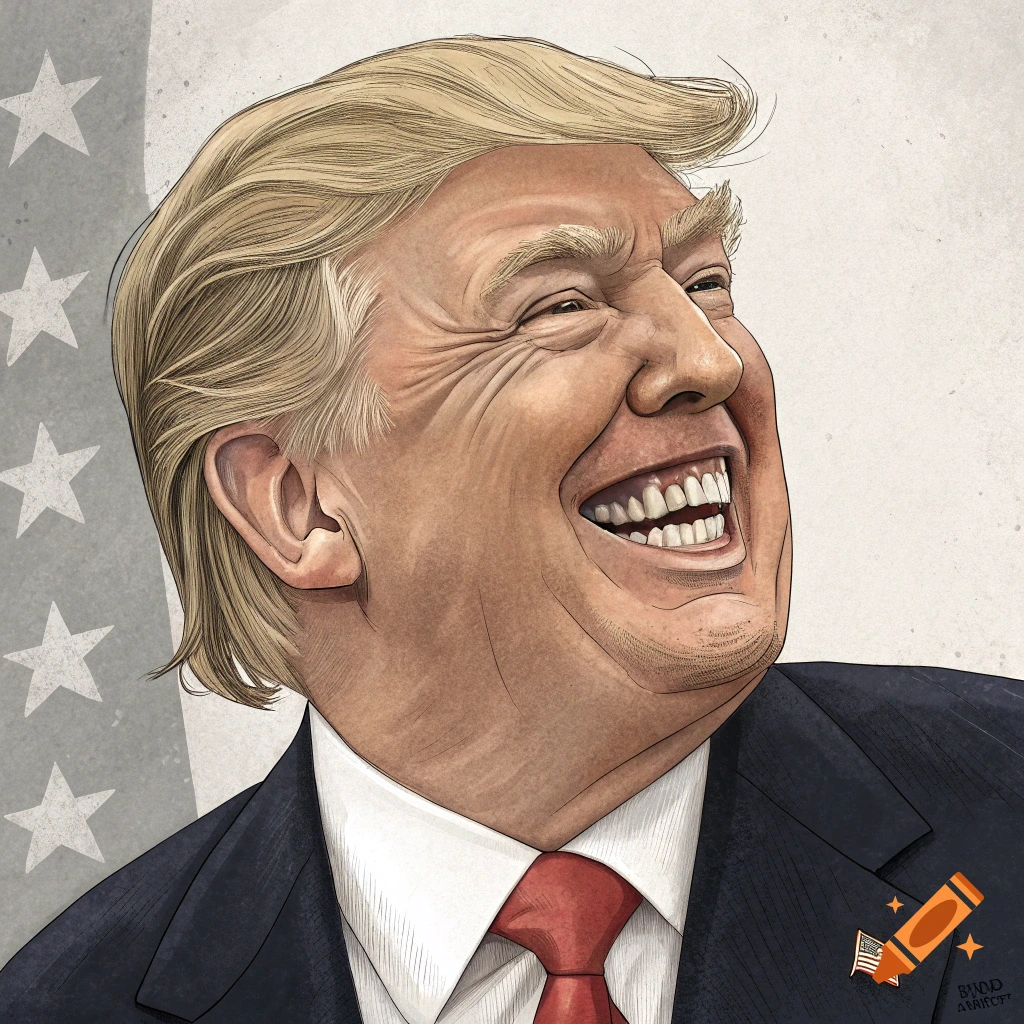 An illustrated portrait of Donald Trump laughing heartily, showing his teeth. He is wearing a dark suit, white shirt, and red tie, with a small American flag pin on his lapel. Stars are visible in the background.