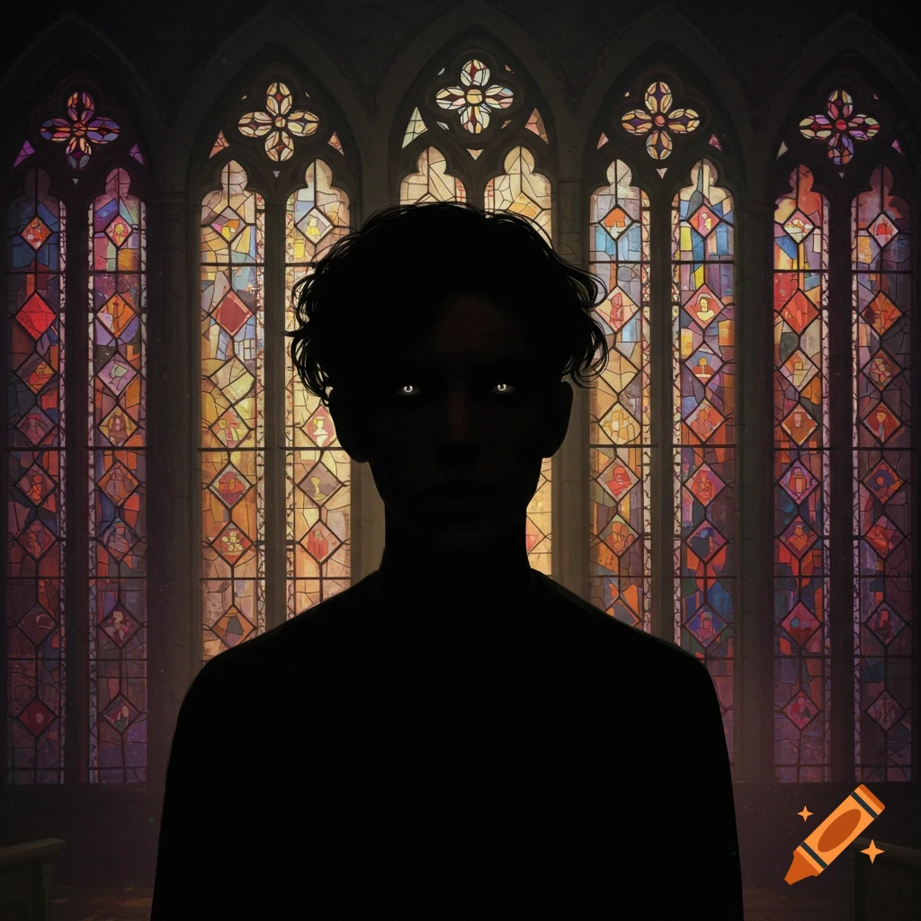 Dark silhouette with glowing eyes against a backdrop of vibrant stained glass windows in a gothic style.