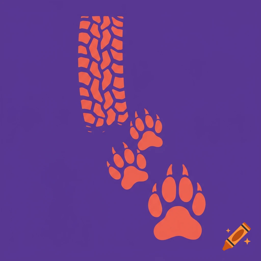 A graphic design featuring orange offroad tire treads and paw prints on a purple background.