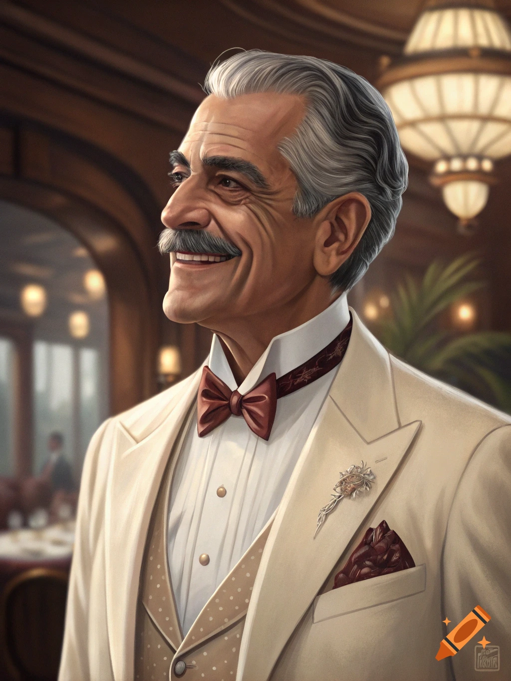 A smiling, elegant man with a mustache in a cream suit, brown bow tie, and patterned vest in a fancy indoor setting.