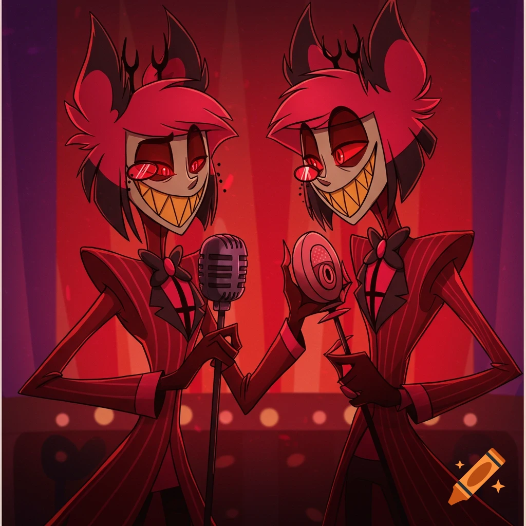 Two red, demonic-looking animated characters in pinstriped suits on a stage, one holding a microphone, in Hazbin Hotel style.