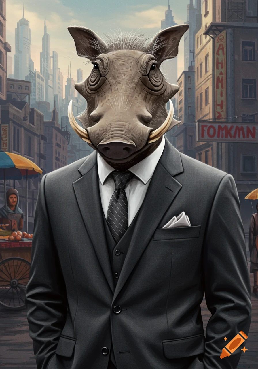 A warthog in a dark gray suit and striped tie stands on a city street with buildings in the background.