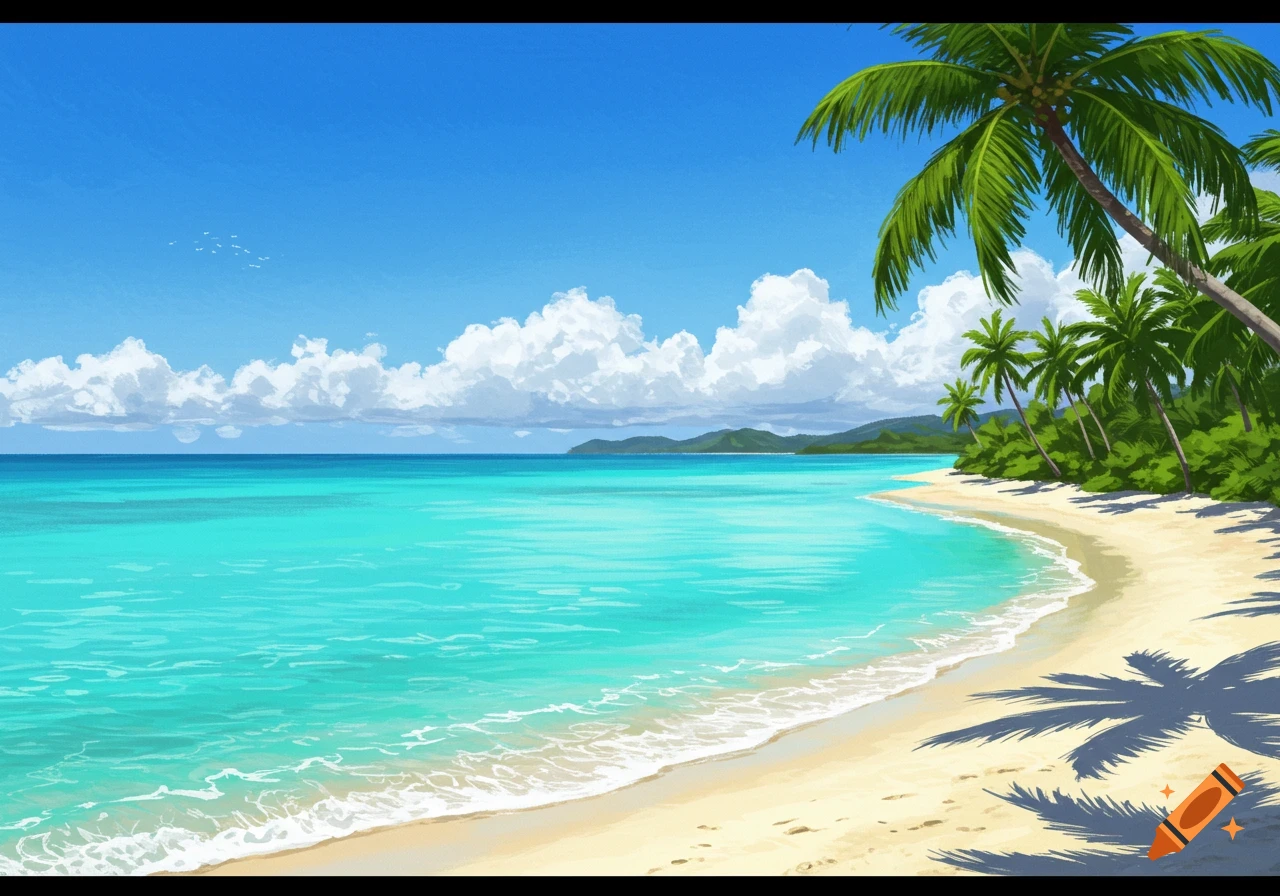 A vibrant tropical beach with turquoise ocean water, white sand, and lush green palm trees under a bright blue sky.