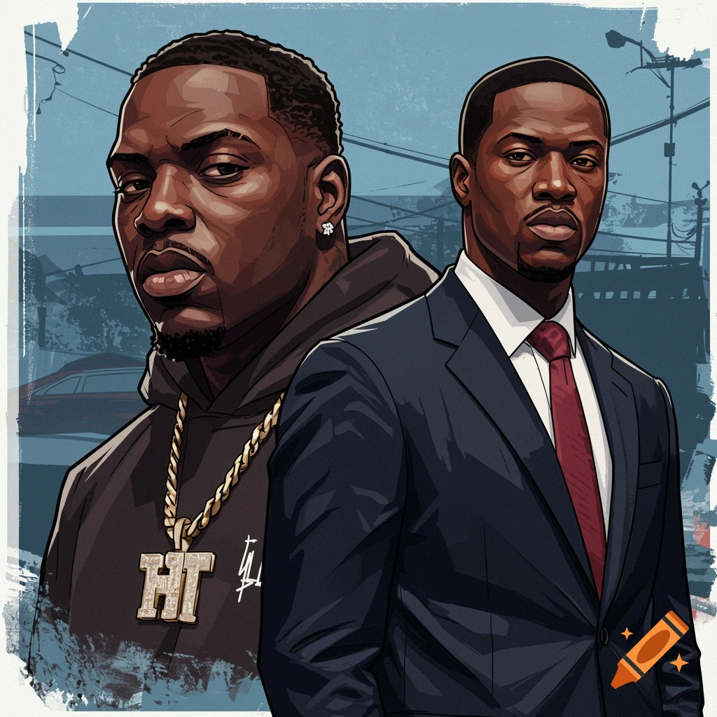 Stylized illustration of two Black men, one in a hoodie and gold chain, the other in a suit, against an urban backdrop.