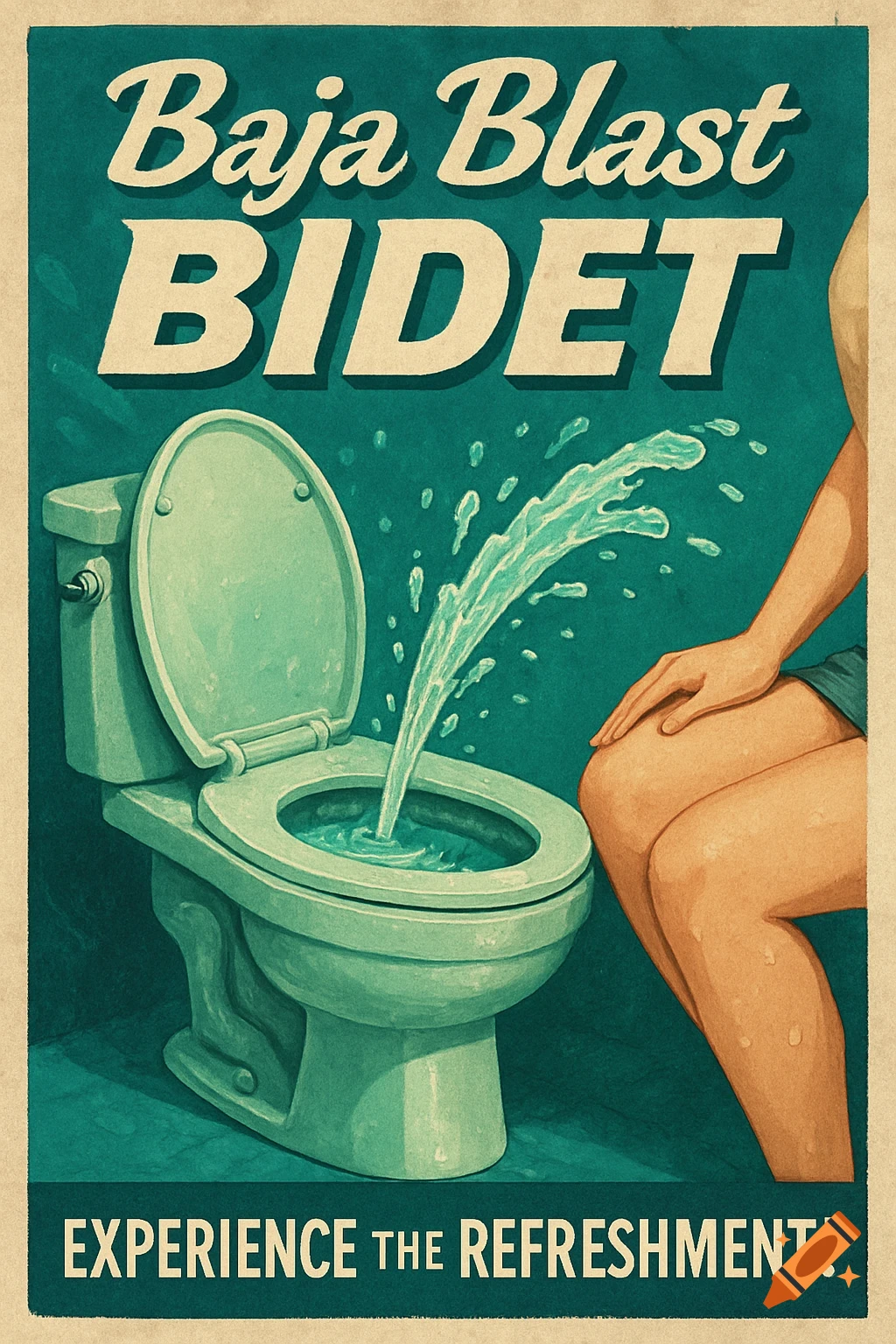 Vintage ad poster for 'Baja Blast Bidet' featuring a toilet with spraying water and a person's legs, stating 'Experience the Refreshment!'