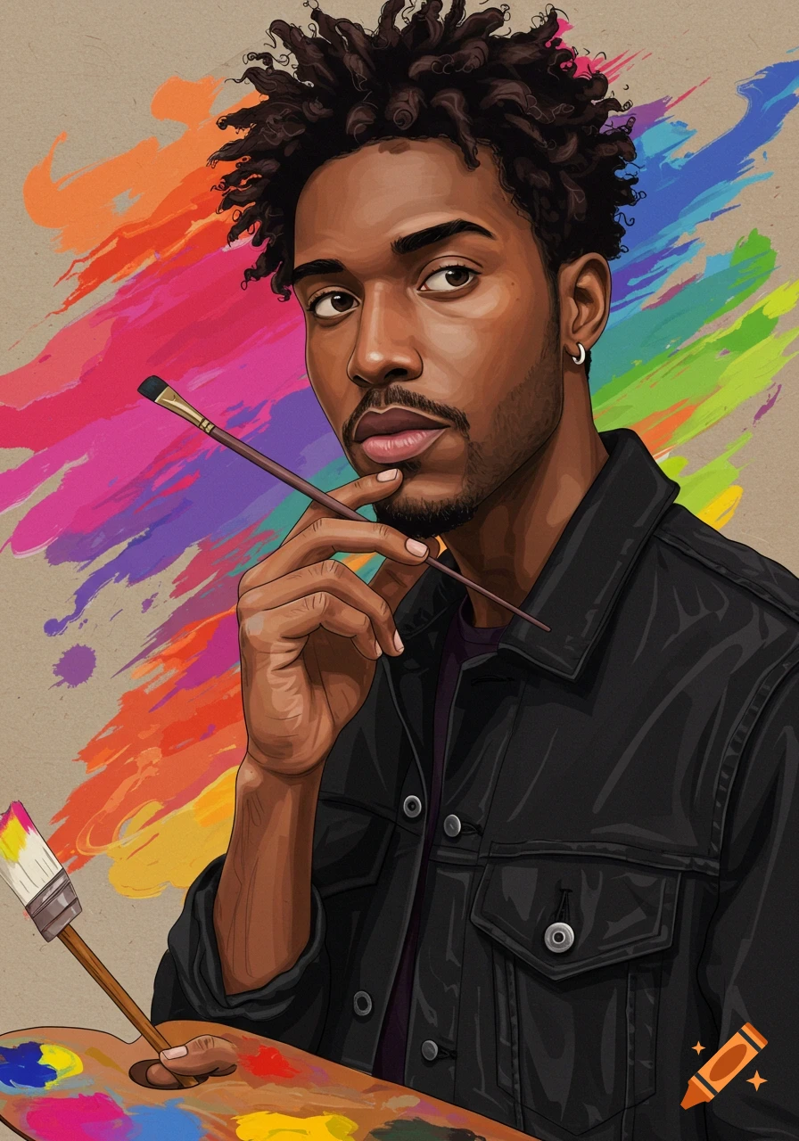 A vibrant illustration of a young Black man with curly hair and a beard, holding a paintbrush and an artist's palette, on a colorful background.