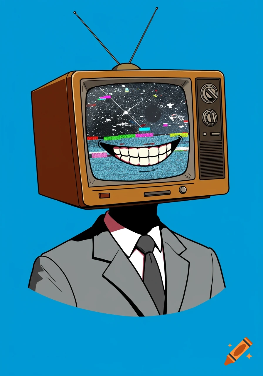 Cartoon illustration of a man with a vintage TV for a head, wearing a suit. The TV screen shows static and a grinning cartoon mouth.