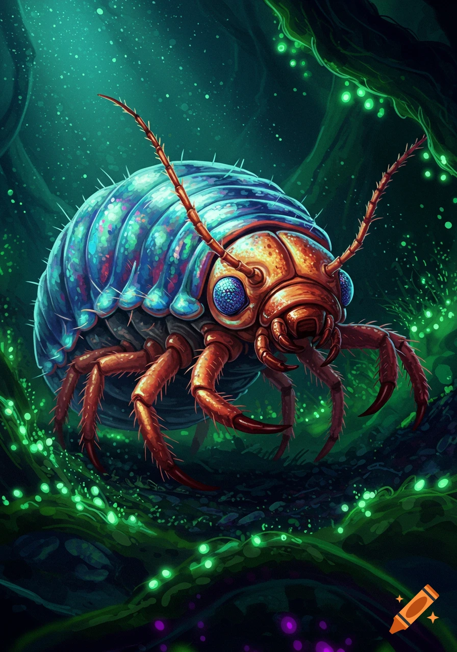 A colorful, vibrant fantasy grub with a blue segmented body and red legs, in a dark, glowing green forest setting.