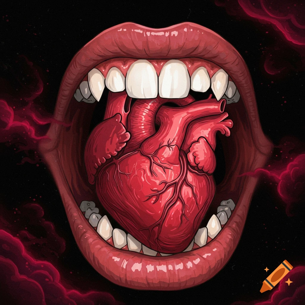 Stylized illustration of an open mouth with sharp teeth biting into a human heart, against a dark background with red smoke.