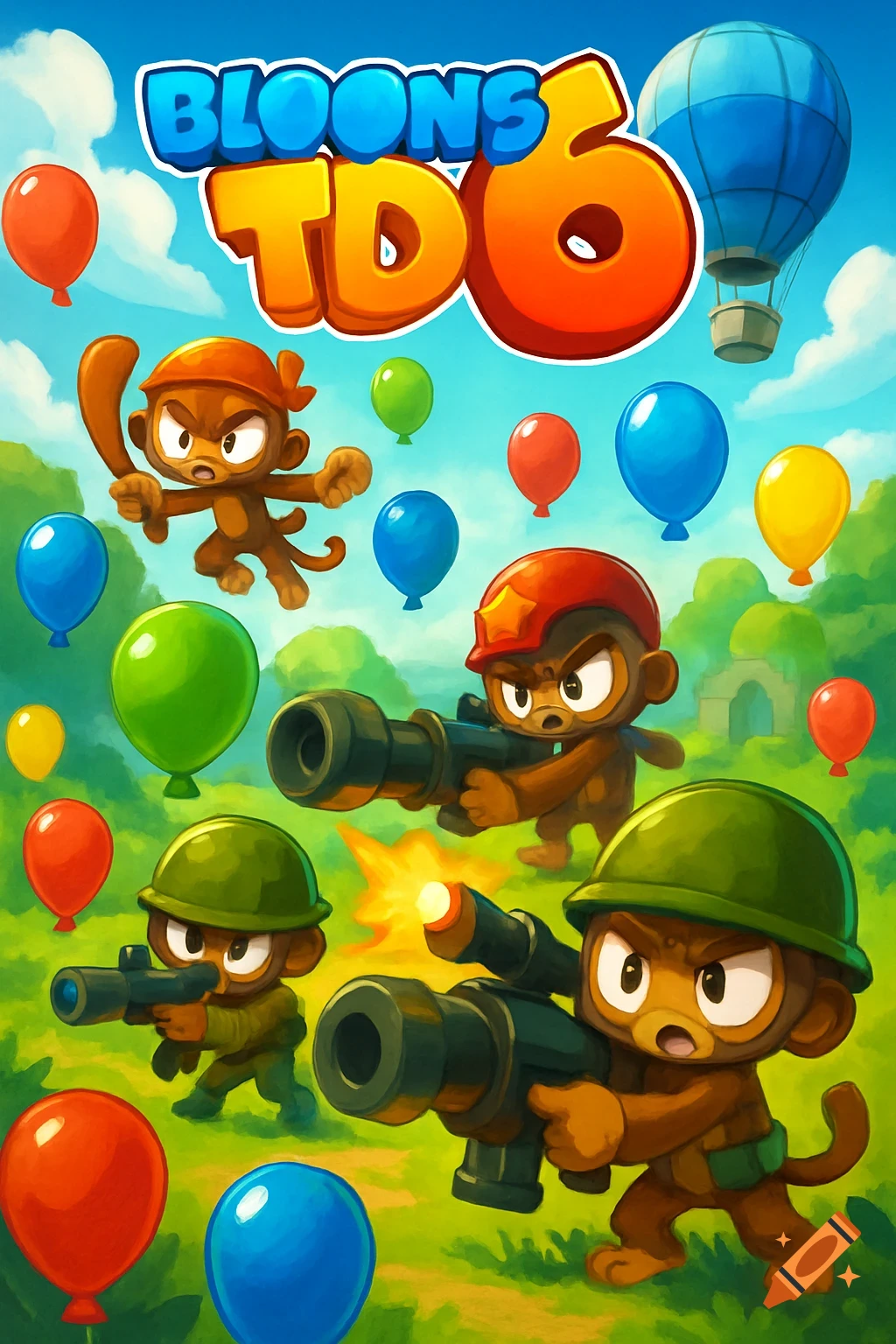 Cartoon monkeys with weapons and colorful balloons in a vibrant landscape, with the game title Bloons TD 6.