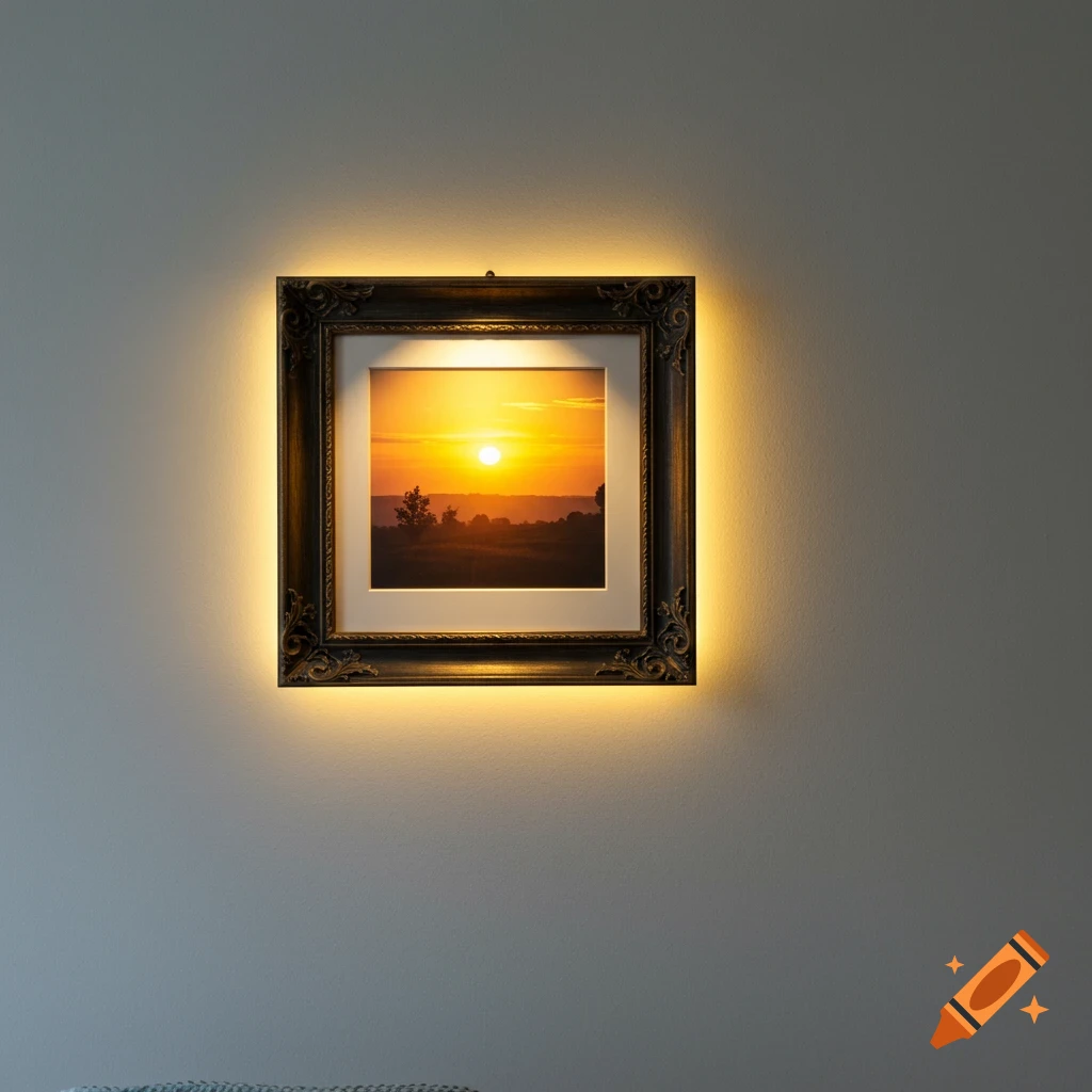 A photorealistic image of a framed picture of a sunset over a landscape, backlit by a warm glow, hanging on a light grey wall.