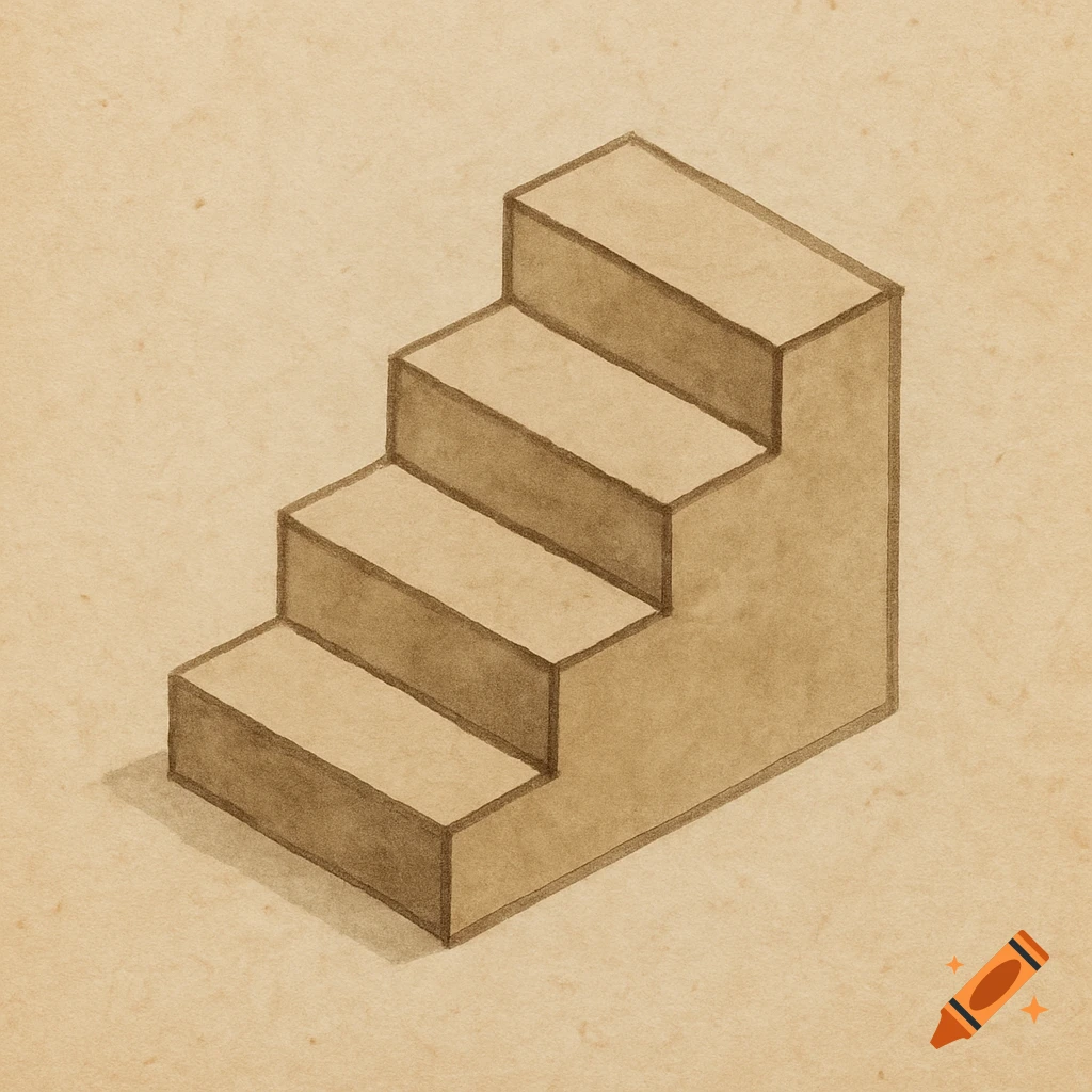A simple isometric drawing of a set of four stairs on a textured, sepia-toned paper background.