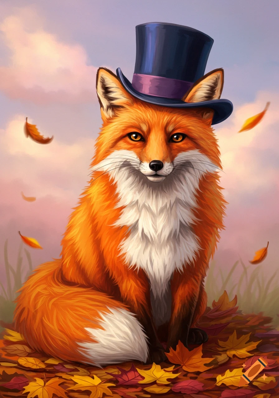 An illustrated orange fox wearing a dark blue top hat, sitting among colorful autumn leaves under a cloudy sky.