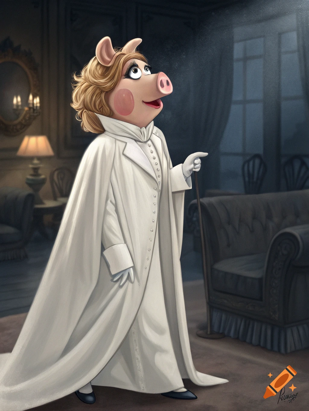 Stylized illustration of Miss Piggy in a white suit and cape holding a cane in an elegant room.