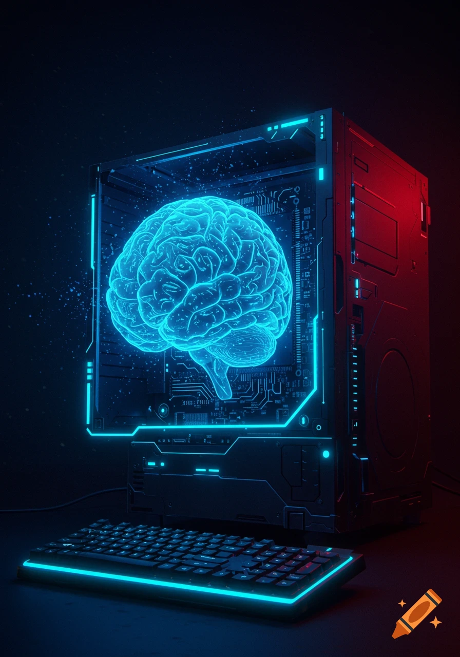 A glowing blue brain inside a transparent computer case with a keyboard, illuminated by neon lights.