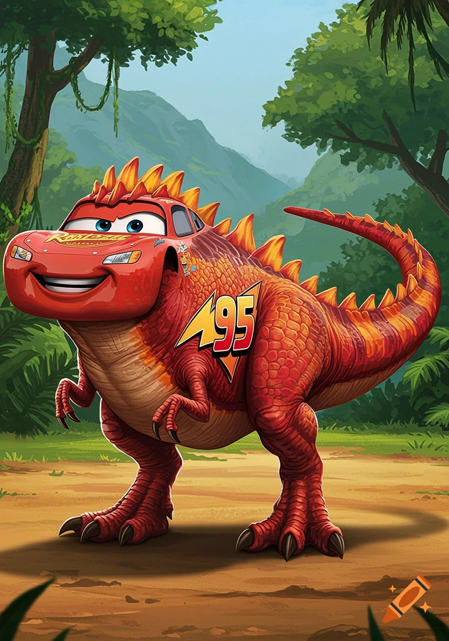 A red cartoon car with a dinosaur body, yellow spikes, and the number 495 on its side, standing in a jungle.