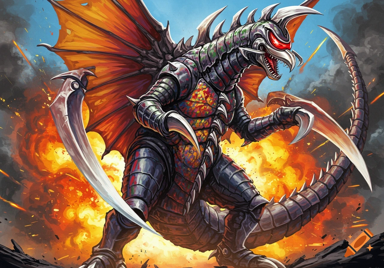 Gigan, a large metallic kaiju with scythe-like arms and orange wings, stands amidst fiery explosions and smoke under a blue sky.
