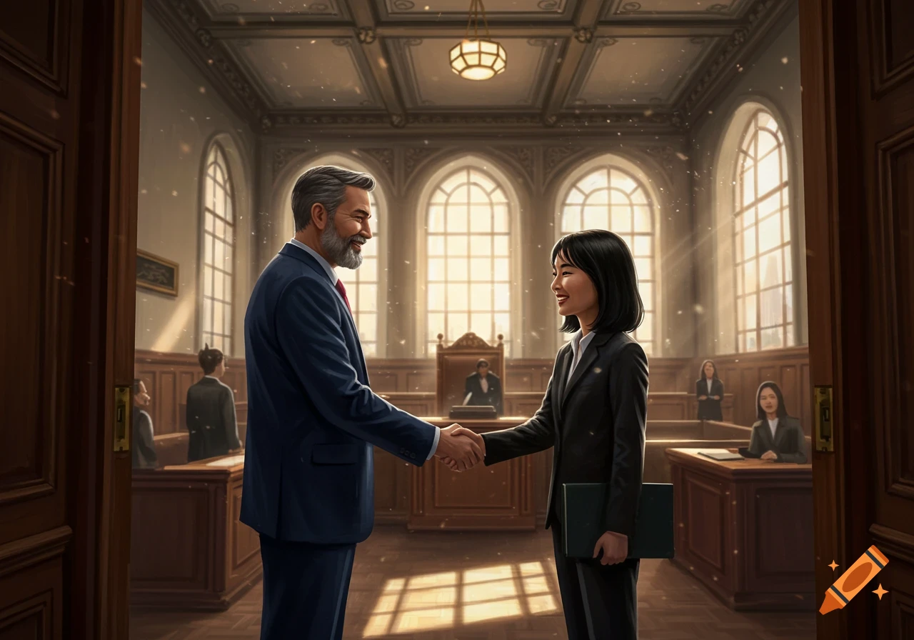 An attorney and a client shake hands in a sunlit courtroom.
