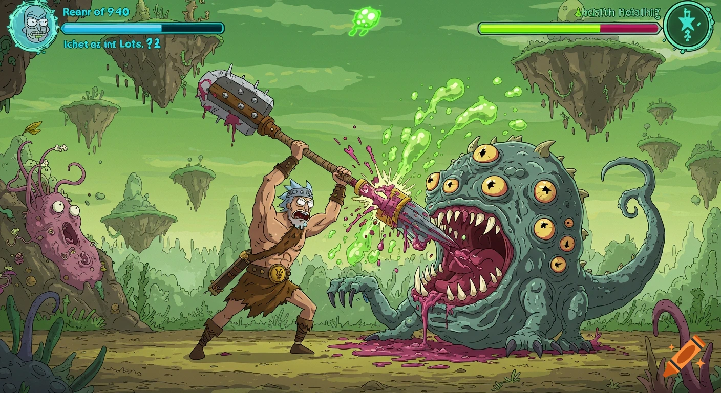 A muscular, barbarian-style Rick Sanchez battles a multi-eyed, tentacled monster in the Rick and Morty cartoon style, set on a surreal alien planet with floating islands.