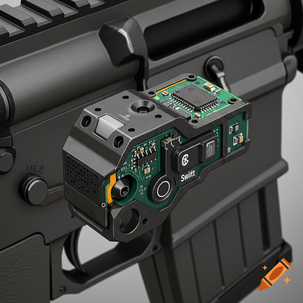 Close-up of a photorealistic black electronic Bluetooth control switch, named 'Swiitt', mounted on an AR-15 rifle, revealing circuit board details.