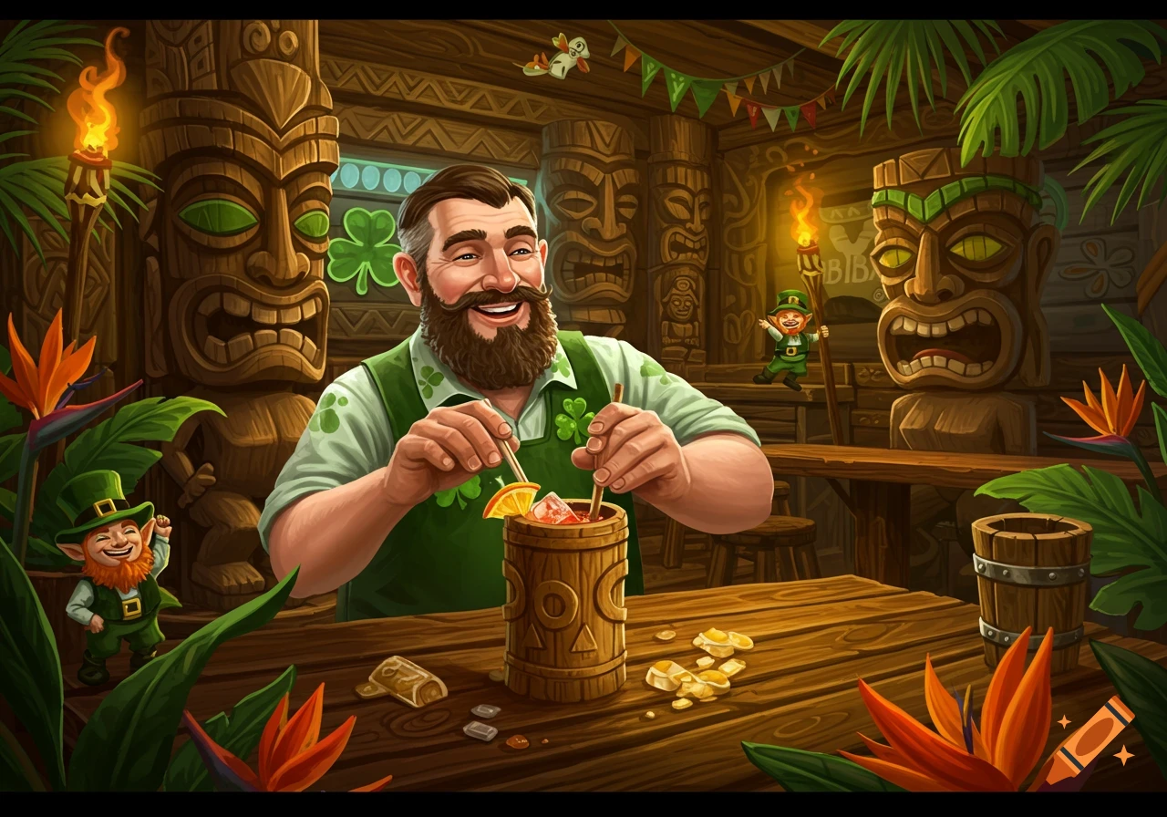 A smiling bearded man in a green shirt prepares a drink at a festive tiki bar with leprechauns, surrounded by tiki statues and tropical plants.