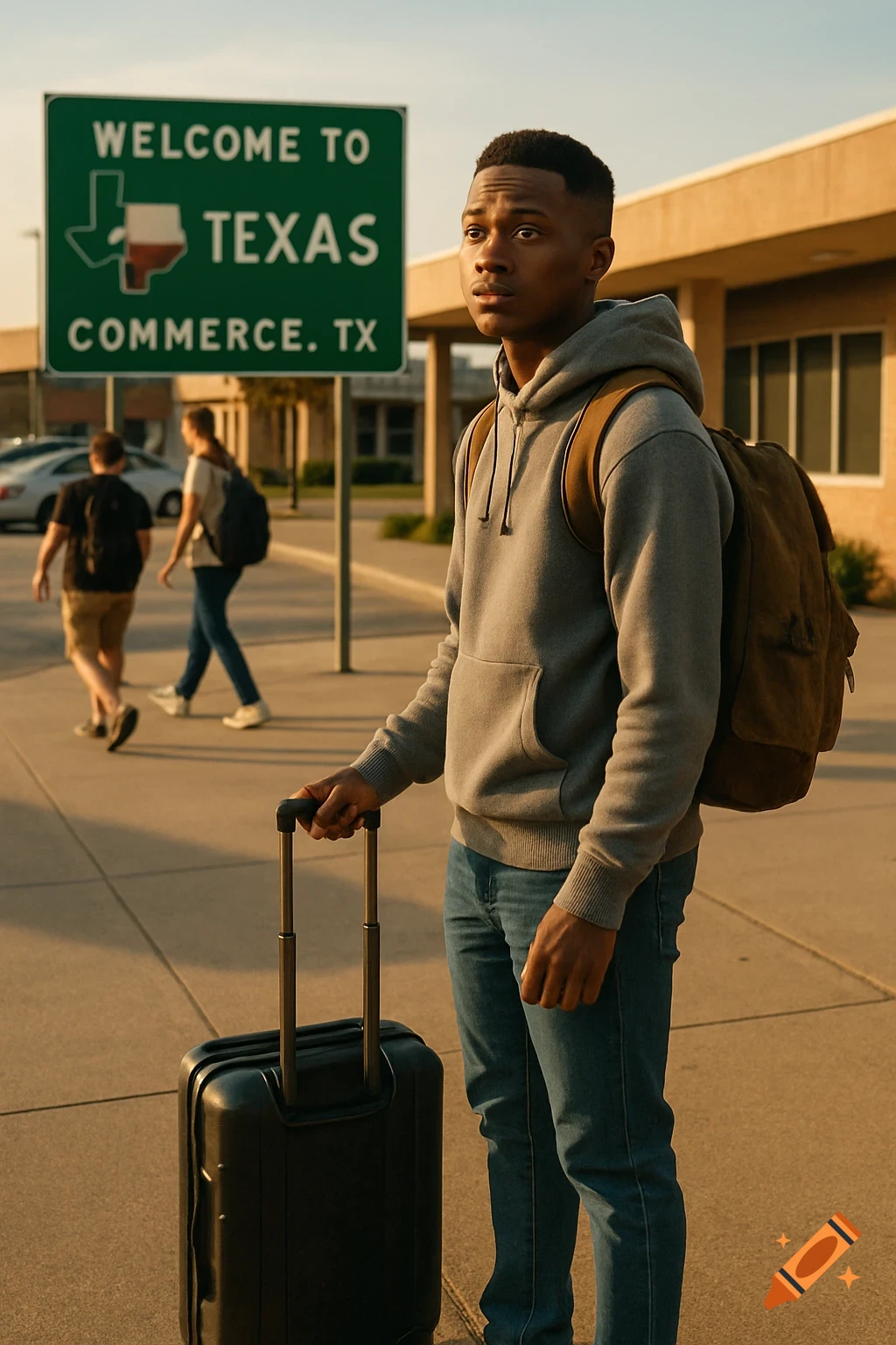 A young Black man with a backpack and suitcase stands by a 'Welcome to Texas' sign at a bus terminal under warm sunlight.