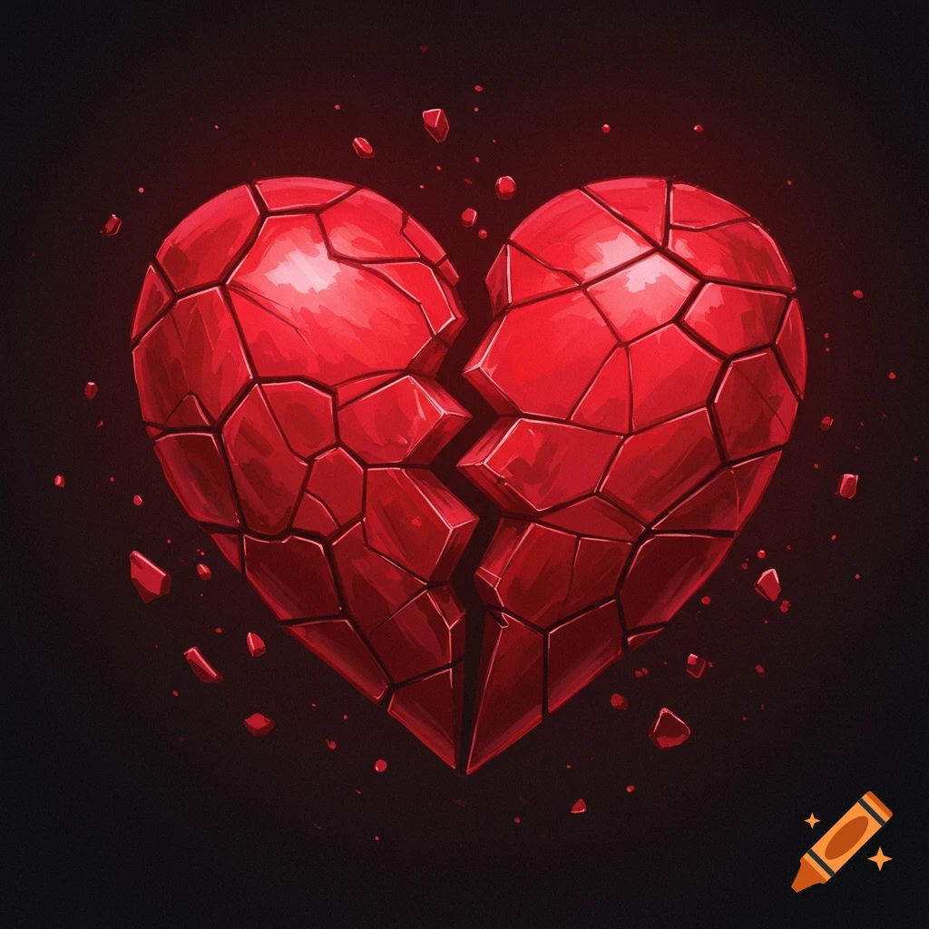 A vibrant red heart shattered into many jagged pieces, with smaller fragments floating around, against a dark background with a subtle red glow.