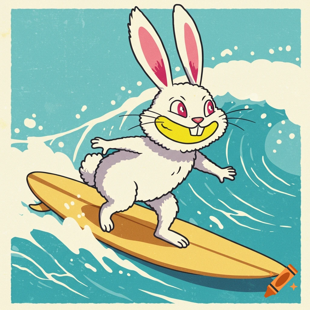 A cartoon white rabbit with red eyes and large teeth surfs a blue wave on a yellow surfboard, in a vintage illustration style.