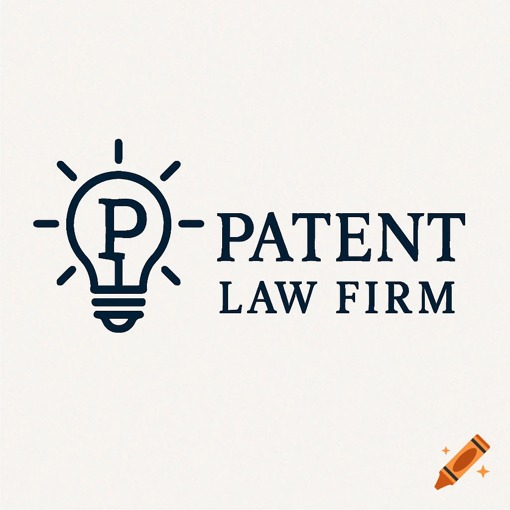 A minimalist logo for a patent law firm, featuring a dark blue lightbulb with a letter 'P' inside, next to the words 'PATENT' and 'LAW FIRM' in a serif font on a light background.
