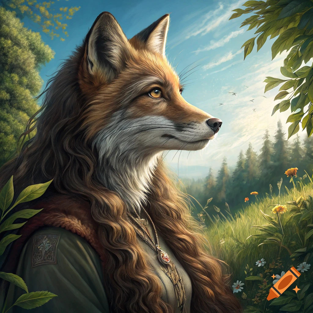 A photorealistic portrait of a fox-like creature with long brown hair and a green tunic, looking over a sunny forest.