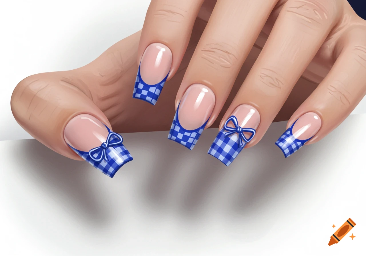Close-up illustration of a hand with blue French tip nails, some featuring a blue checkered pattern and others decorated with blue bows.