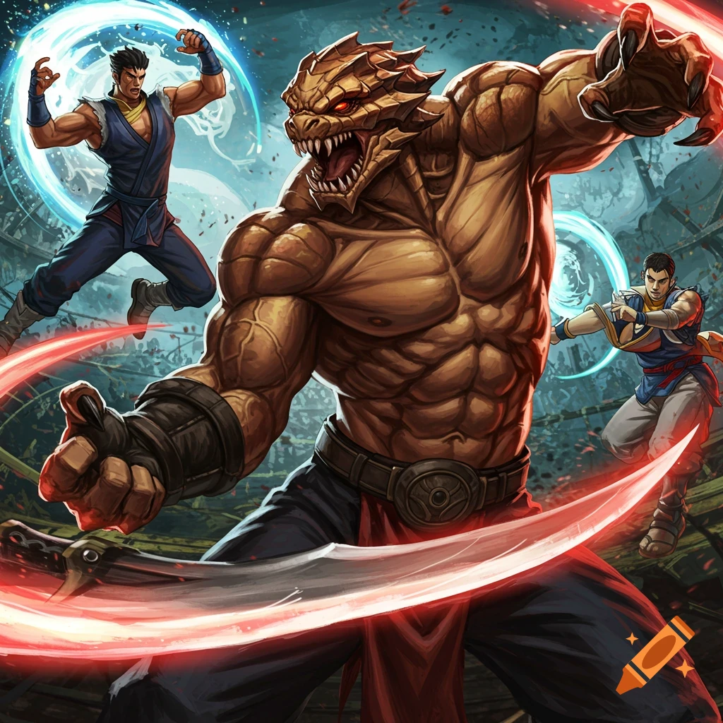 A muscular dragon-like monster and two human martial artists in a dynamic fighting game scene with vibrant colors.