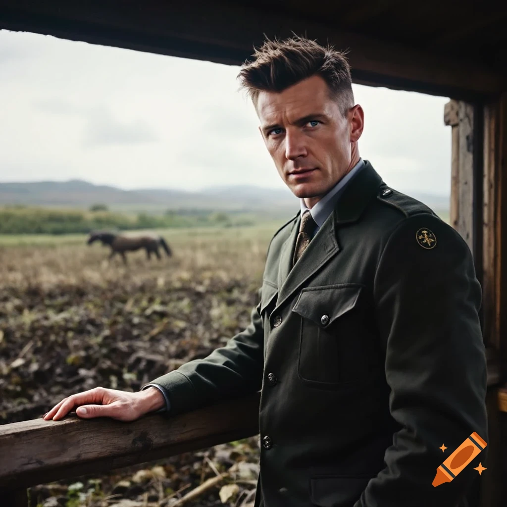 A photorealistic portrait of a man in a dark green uniform standing outdoors with a horse in the background.