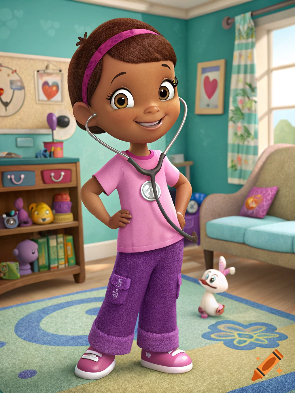 Doc McStuffins, a smiling animated girl in a pink shirt and purple pants, poses with a stethoscope in her colorful room.